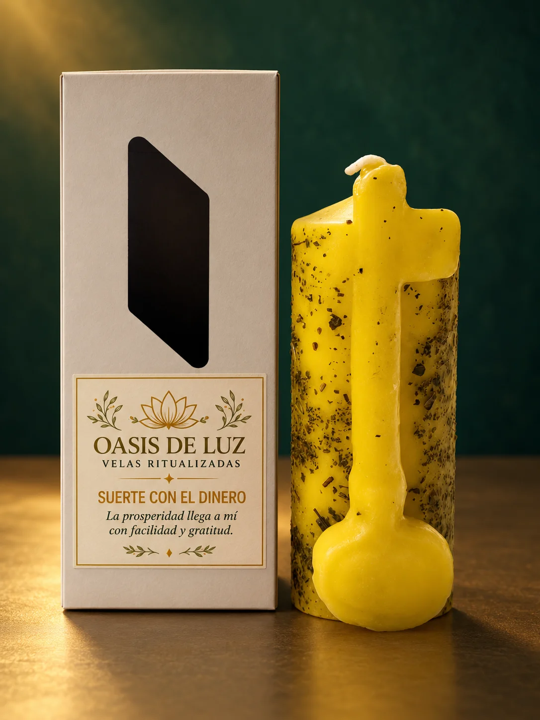 Vela Suerte con el Dinero con caja Oasis de Luz